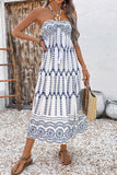 White Blue Floral Halter A Line Long Summer Dress with Slit