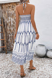 White Blue Floral Halter A Line Long Summer Dress with Slit
