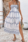 White Blue Floral Halter A Line Long Summer Dress with Slit