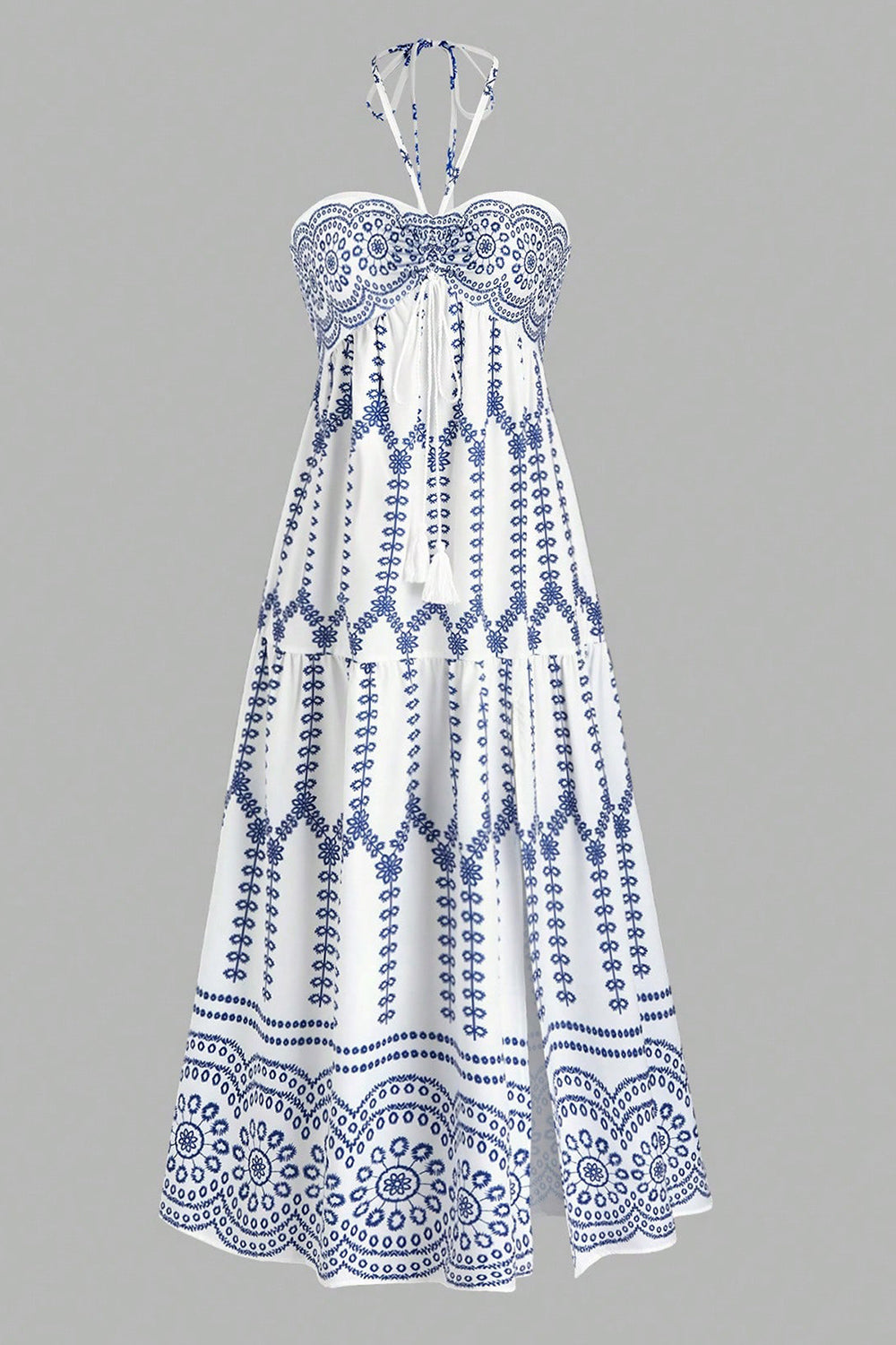 White Blue Floral Halter A Line Long Summer Dress with Slit