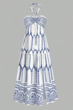 White Blue Floral Halter A Line Long Summer Dress with Slit