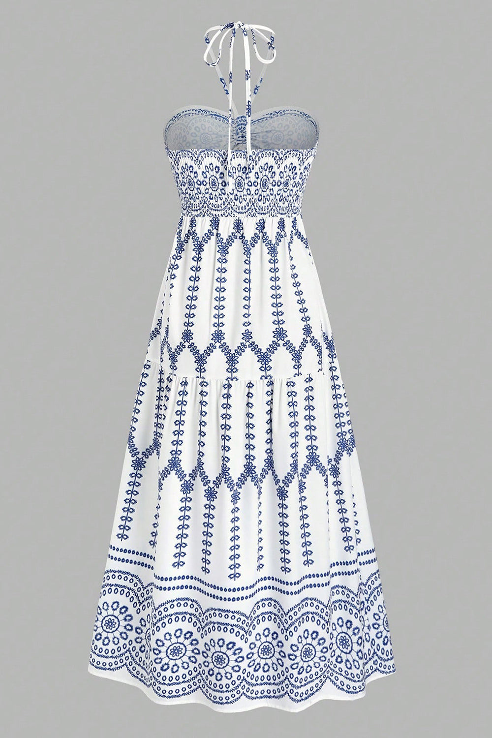 White Blue Floral Halter A Line Long Summer Dress with Slit