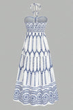 White Blue Floral Halter A Line Long Summer Dress with Slit