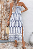 White Blue Floral Halter A Line Long Summer Dress with Slit