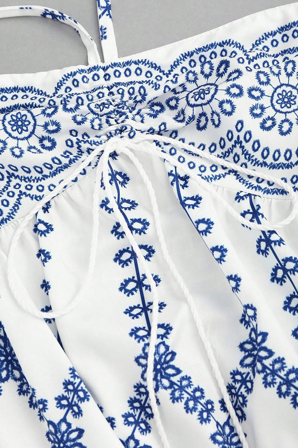 White Blue Floral Halter A Line Long Summer Dress with Slit