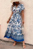 White and Blue Floral A Line Long Summer Dress with Short Sleeves