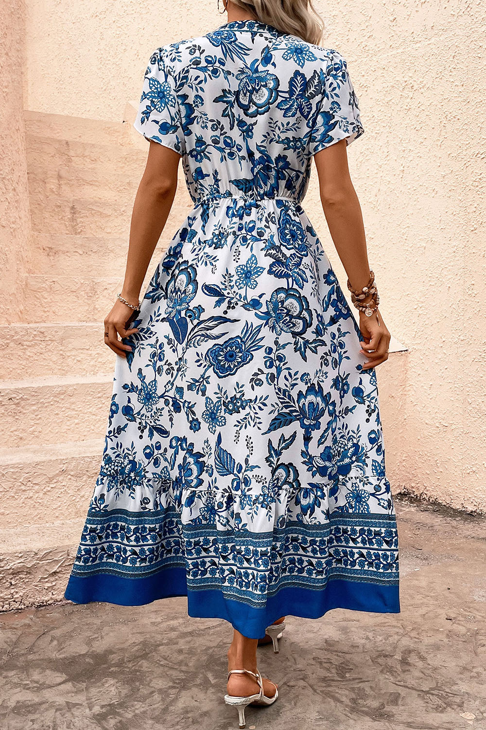 White and Blue Floral A Line Long Summer Dress with Short Sleeves