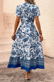 White and Blue Floral A Line Long Summer Dress with Short Sleeves