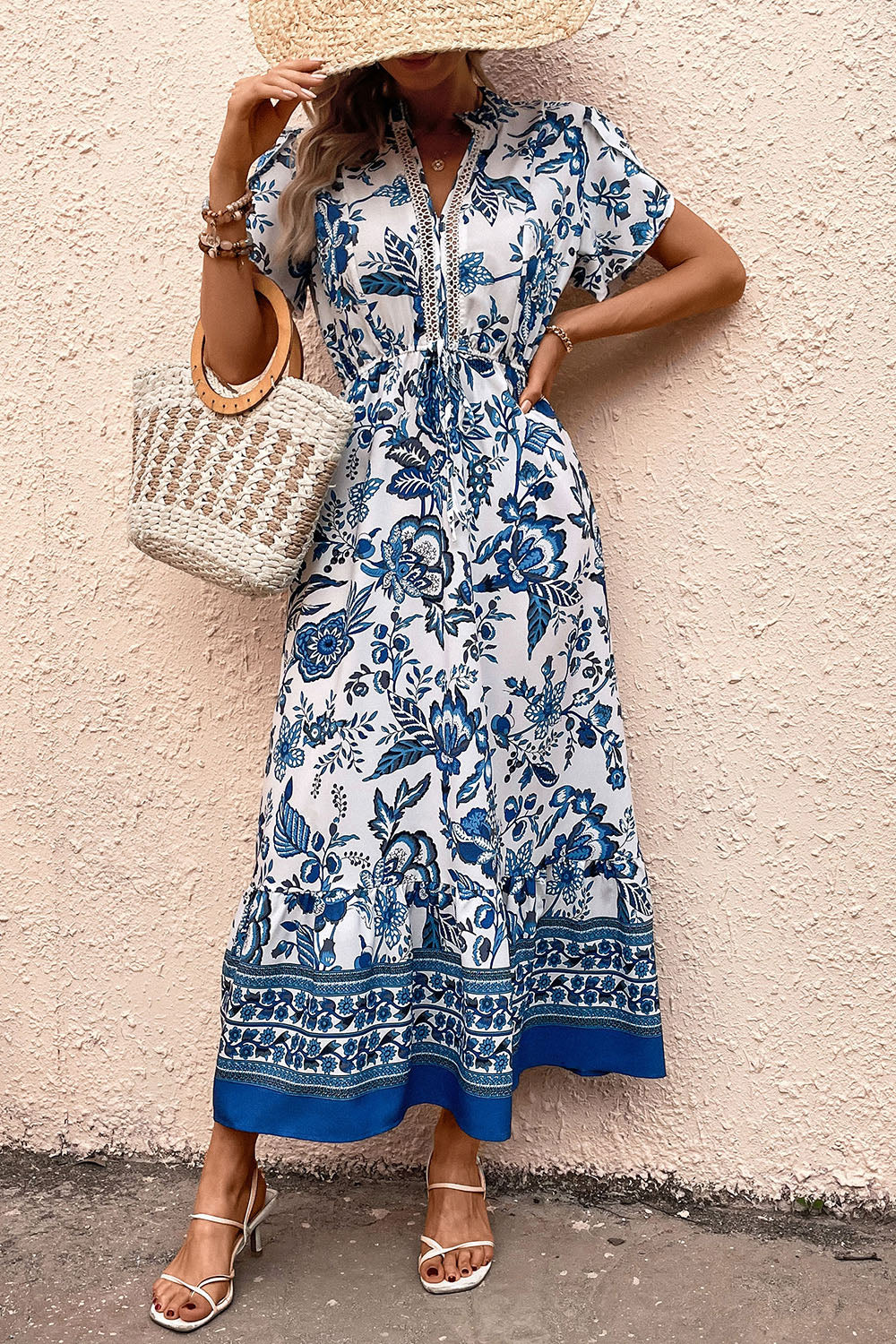 White and Blue Floral A Line Long Summer Dress with Short Sleeves