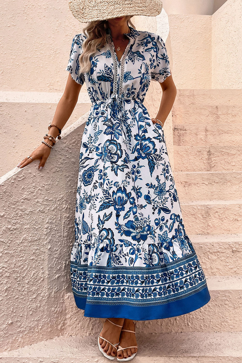 White and Blue Floral A Line Long Summer Dress with Short Sleeves