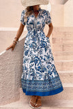 White and Blue Floral A Line Long Summer Dress with Short Sleeves