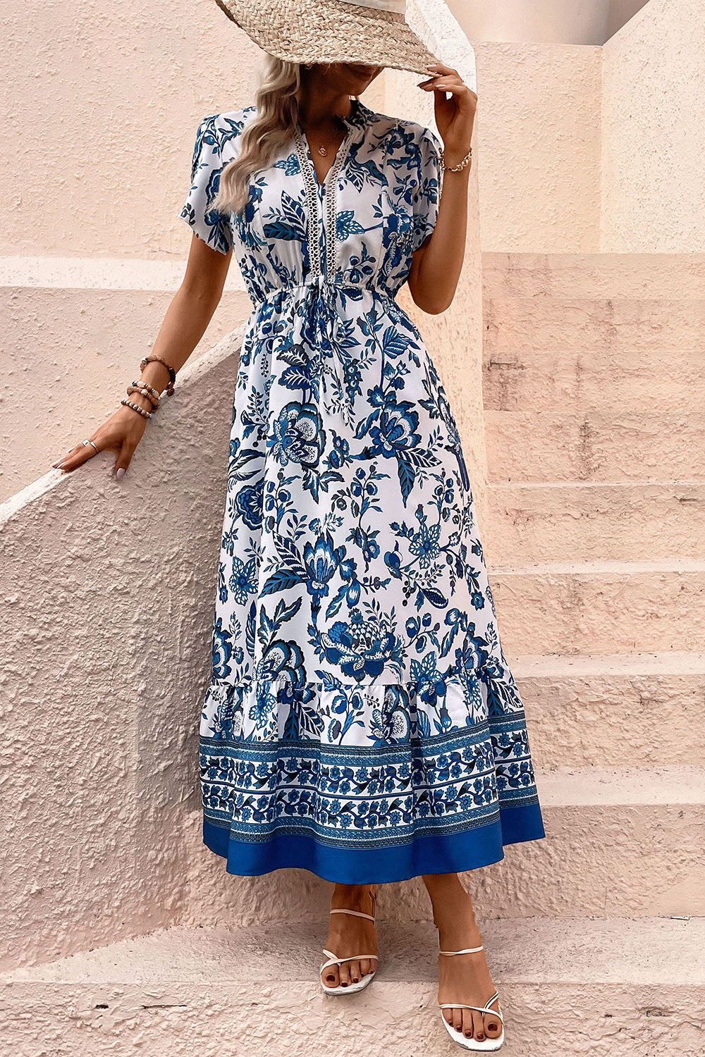 White and Blue Floral A Line Long Summer Dress with Short Sleeves