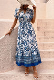White and Blue Floral A Line Long Summer Dress with Short Sleeves