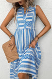 White and Blue Printed A Line V Neck Ruffled Midi Summer Dress