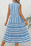 White and Blue Printed A Line V Neck Ruffled Midi Summer Dress