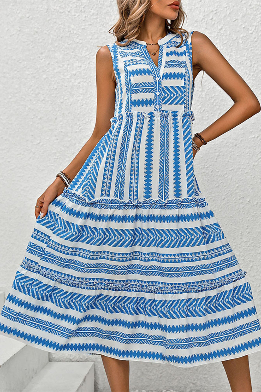White and Blue Printed A Line V Neck Ruffled Midi Summer Dress