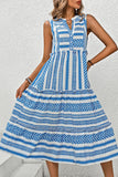 White and Blue Printed A Line V Neck Ruffled Midi Summer Dress
