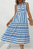 White and Blue Printed A Line V Neck Ruffled Midi Summer Dress