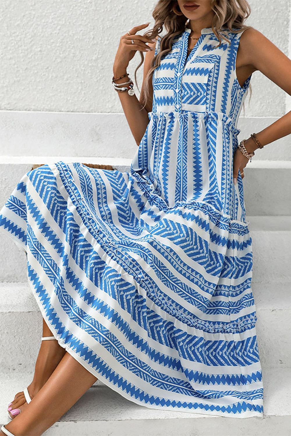White and Blue Printed A Line V Neck Ruffled Midi Summer Dress