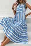 White and Blue Printed A Line V Neck Ruffled Midi Summer Dress