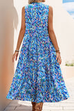 Blue Printed Sleeveless A Line Long Summer Dress