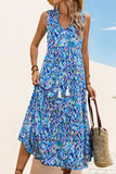 Blue Printed Sleeveless A Line Long Summer Dress
