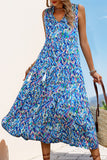 Blue Printed Sleeveless A Line Long Summer Dress