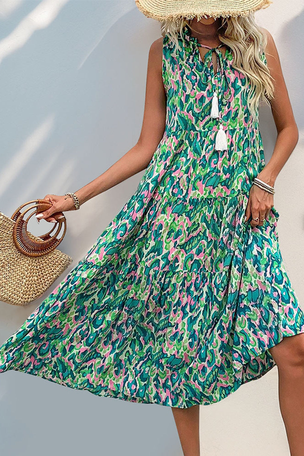 Blue Printed Sleeveless A Line Long Summer Dress