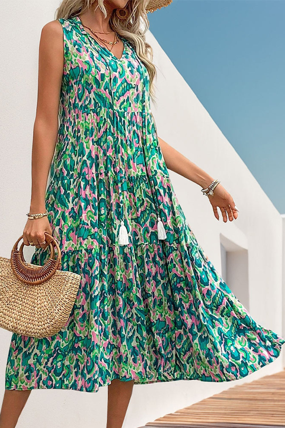 Blue Printed Sleeveless A Line Long Summer Dress