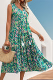 Blue Printed Sleeveless A Line Long Summer Dress
