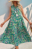 Blue Printed Sleeveless A Line Long Summer Dress