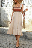 Light Kahki A Line Square Neck Long Summer Dress with Bow