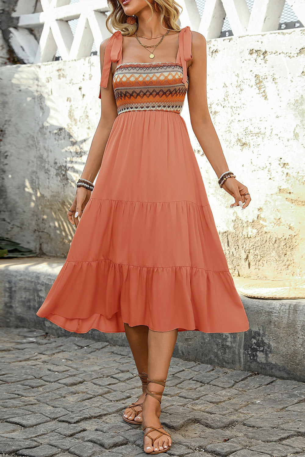 Light Kahki A Line Square Neck Long Summer Dress with Bow