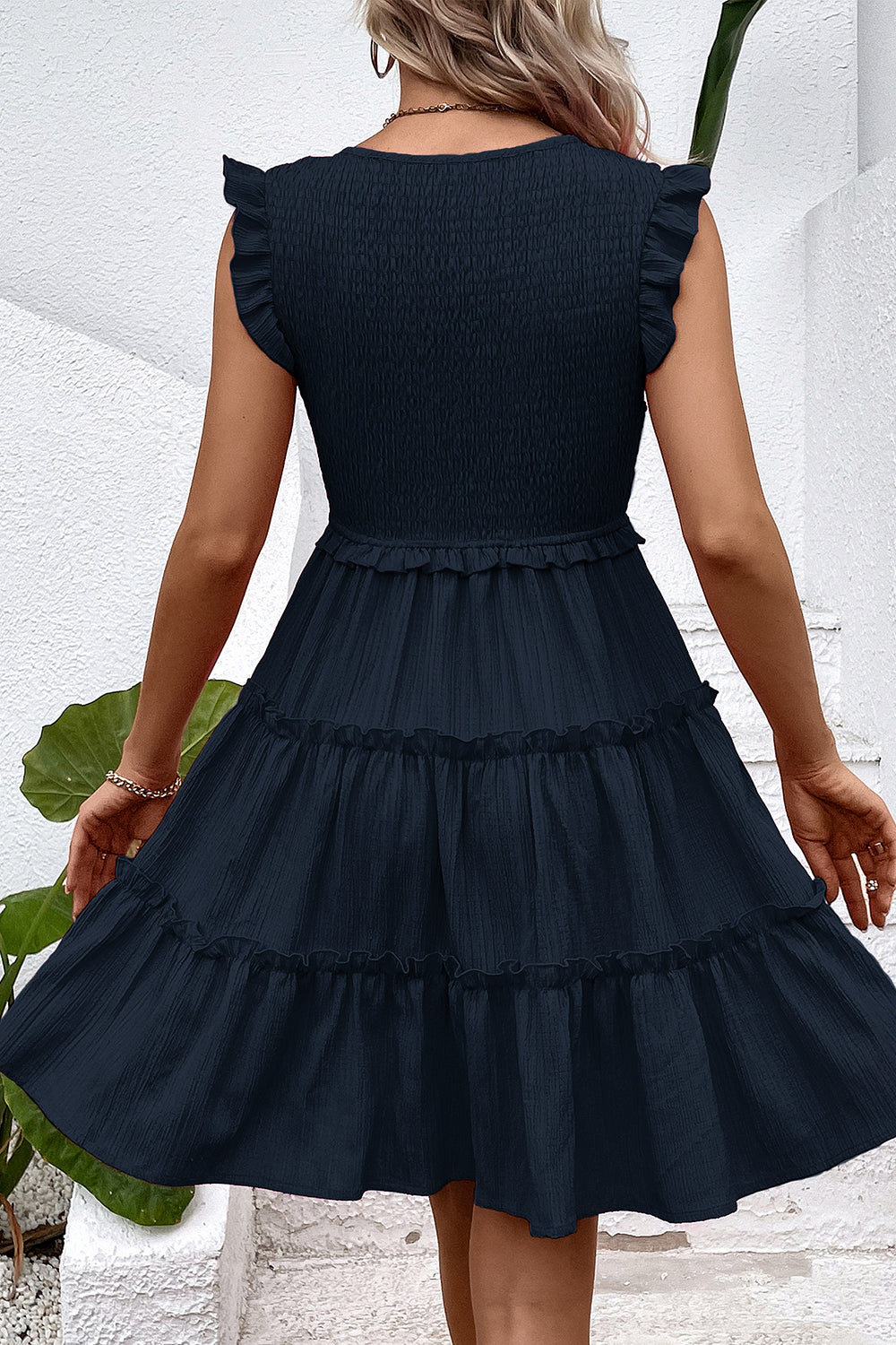 Black V-Neck A Line Short Summer Dress with Ruffles