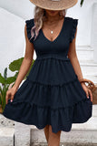 Black V-Neck A Line Short Summer Dress with Ruffles