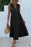 Black A Line V-Neck Long Summer Dress with Buttons