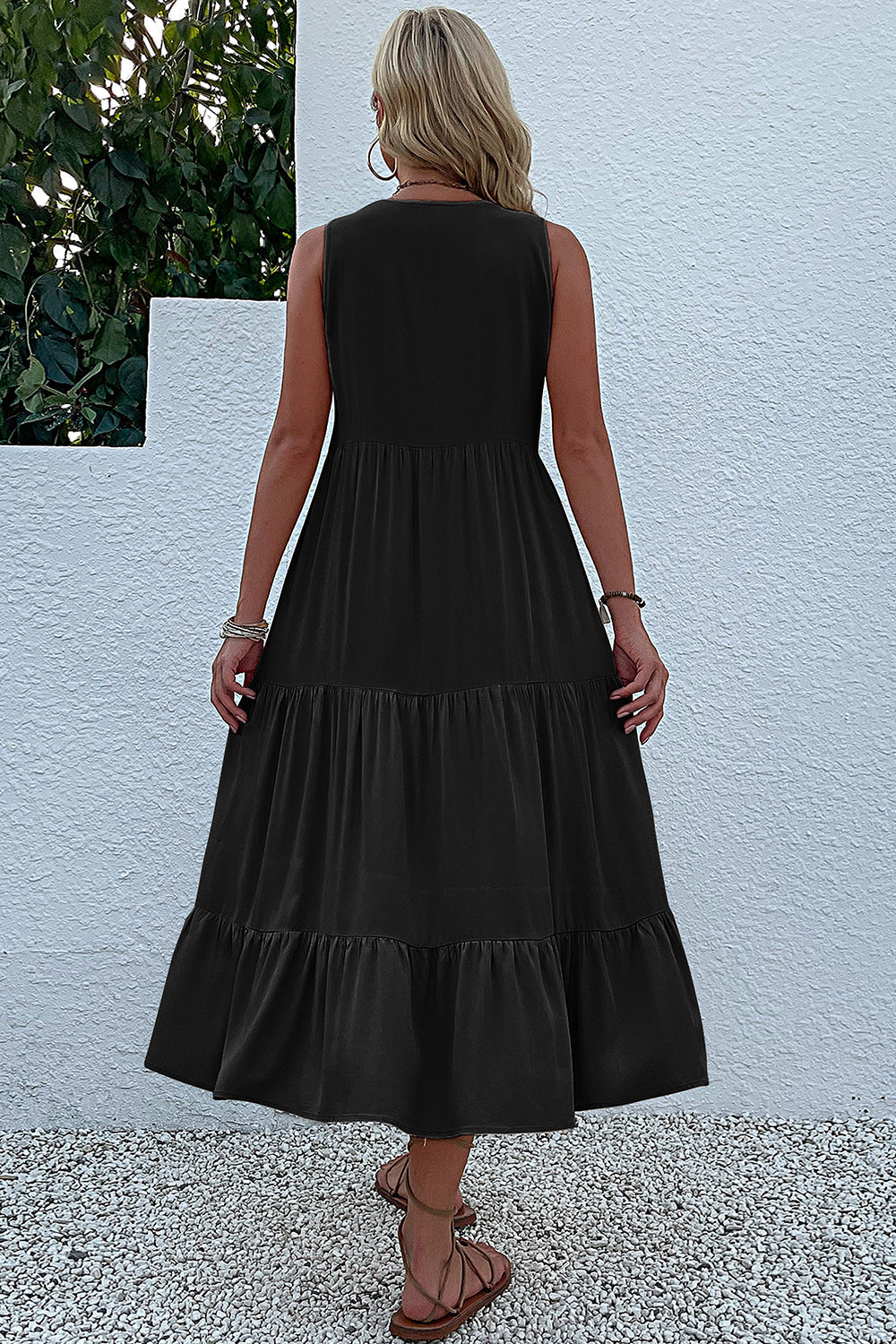 Black A Line V-Neck Long Summer Dress with Buttons