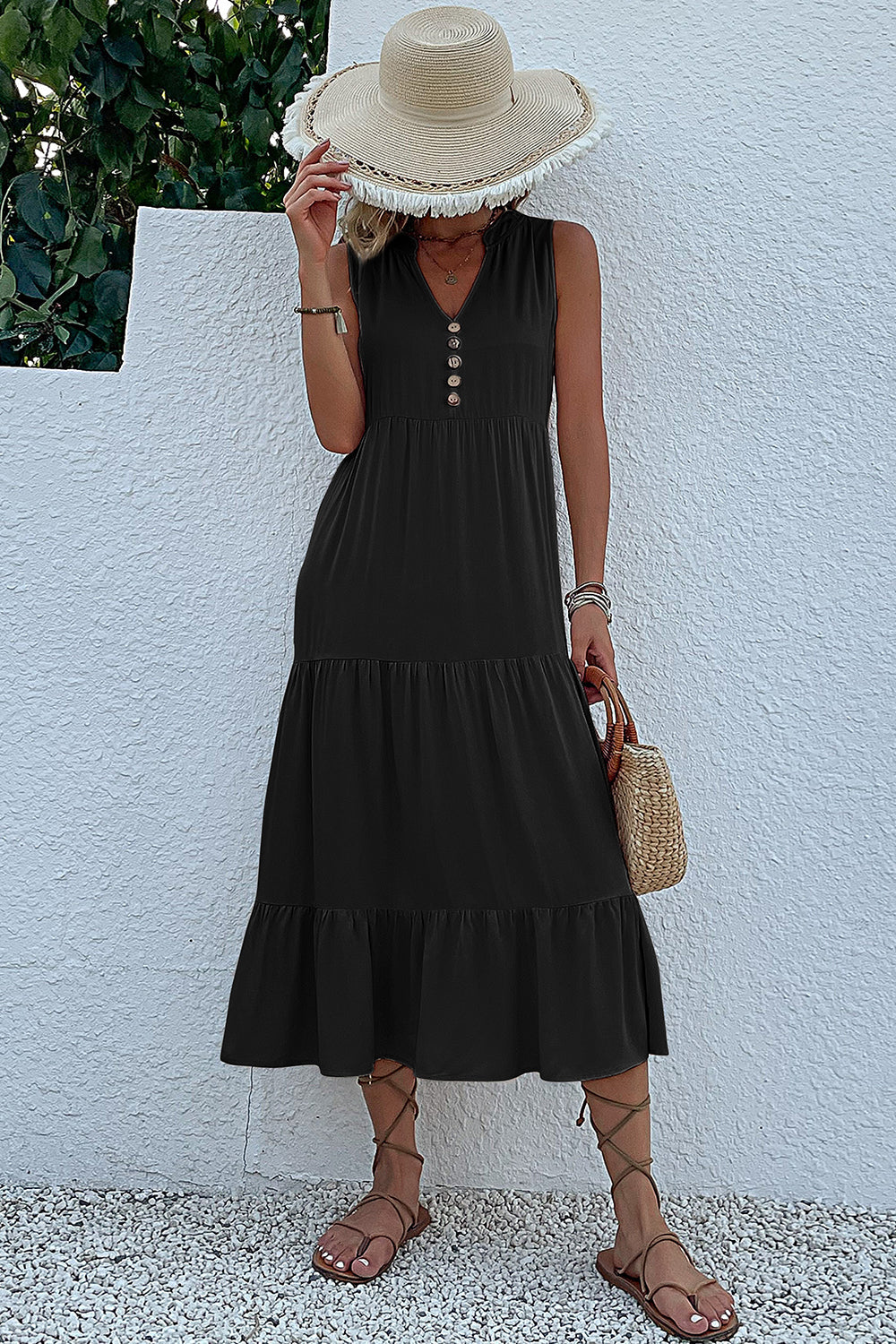 Black A Line V-Neck Long Summer Dress with Buttons