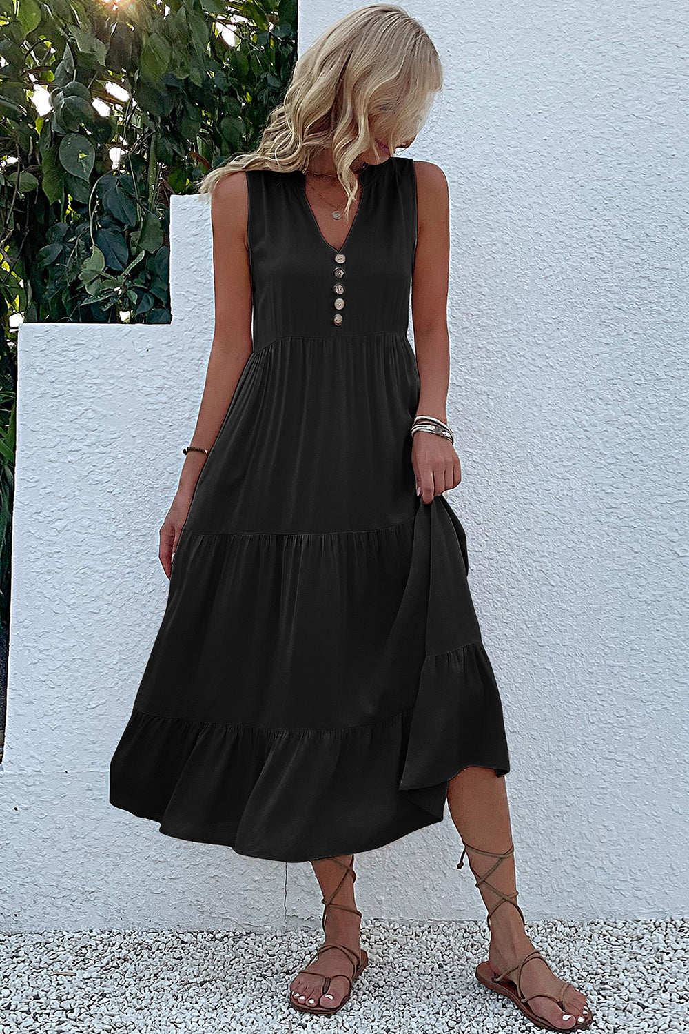 Black A Line V-Neck Long Summer Dress with Buttons