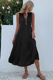Black A Line V-Neck Long Summer Dress with Buttons
