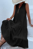 Black A Line V-Neck Long Summer Dress with Buttons