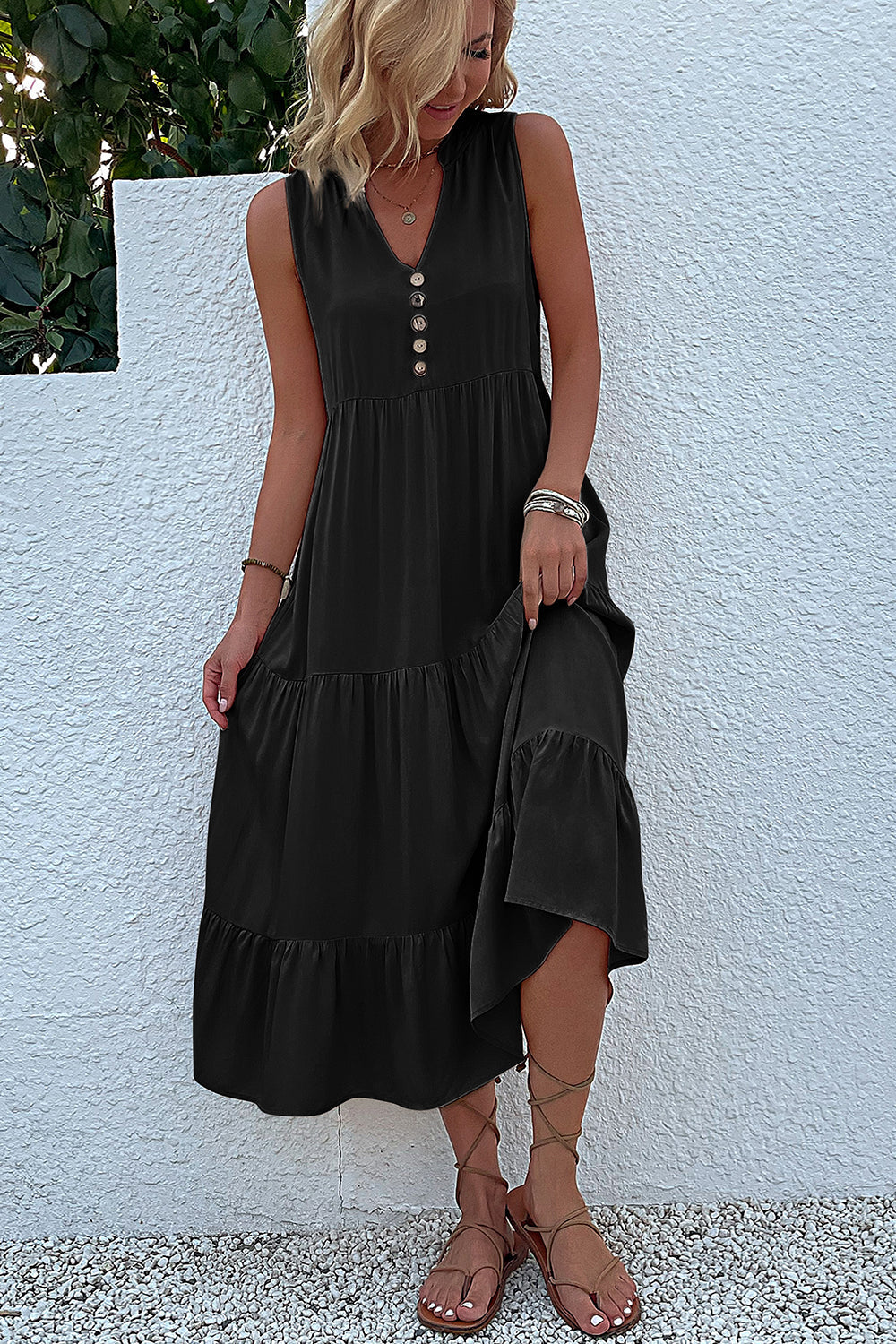 Black A Line V-Neck Long Summer Dress with Buttons
