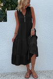 Black A Line V-Neck Long Summer Dress with Buttons
