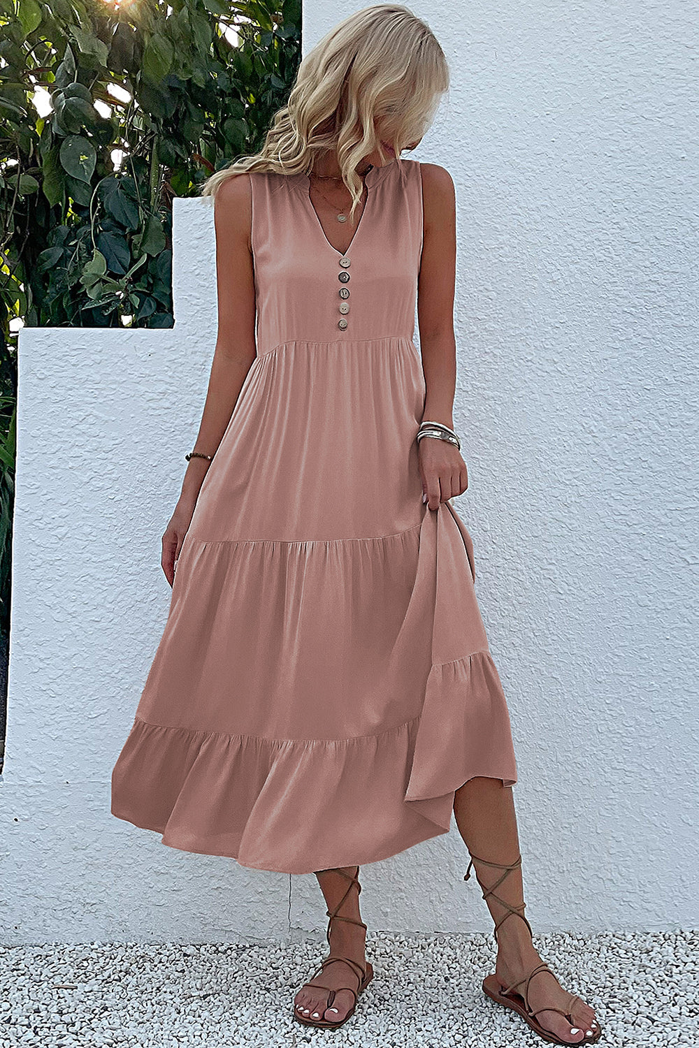 Black A Line V-Neck Long Summer Dress with Buttons