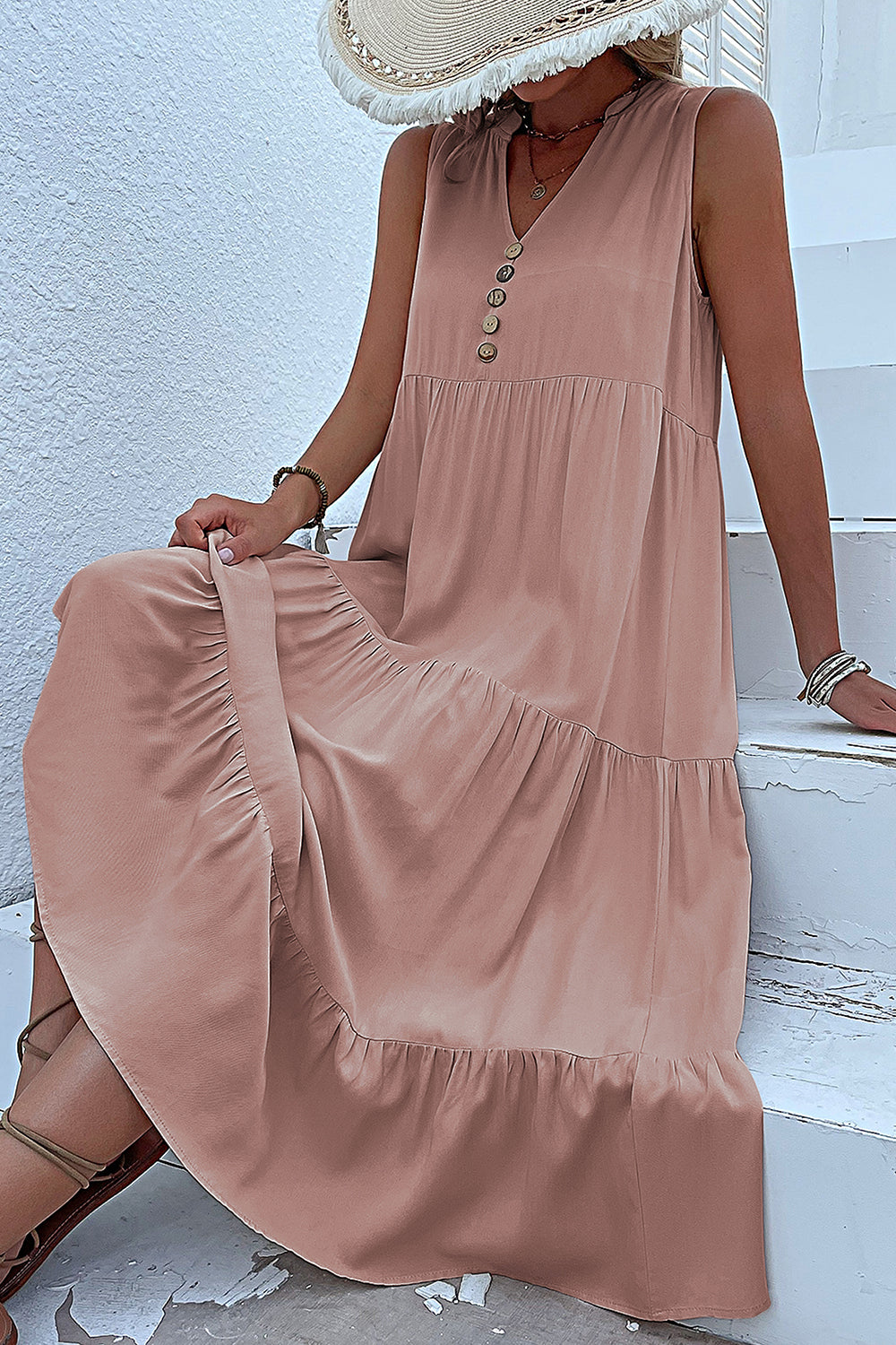 Black A Line V-Neck Long Summer Dress with Buttons