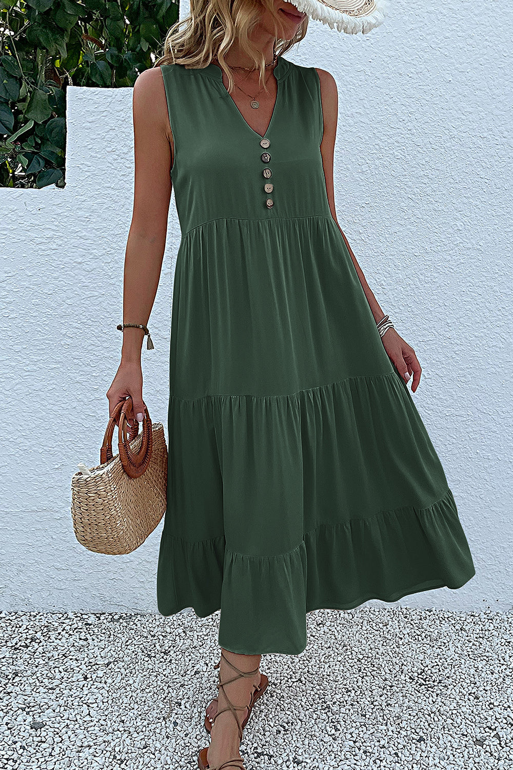Black A Line V-Neck Long Summer Dress with Buttons