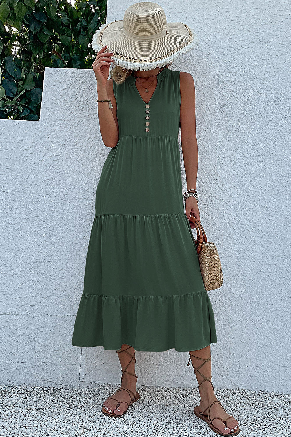 Black A Line V-Neck Long Summer Dress with Buttons