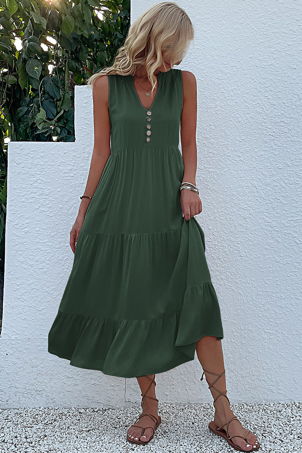 Black A Line V-Neck Long Summer Dress with Buttons