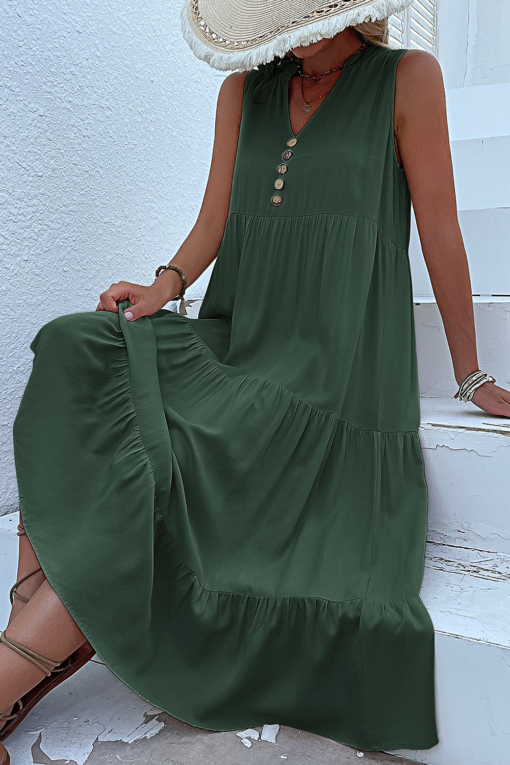 Black A Line V-Neck Long Summer Dress with Buttons