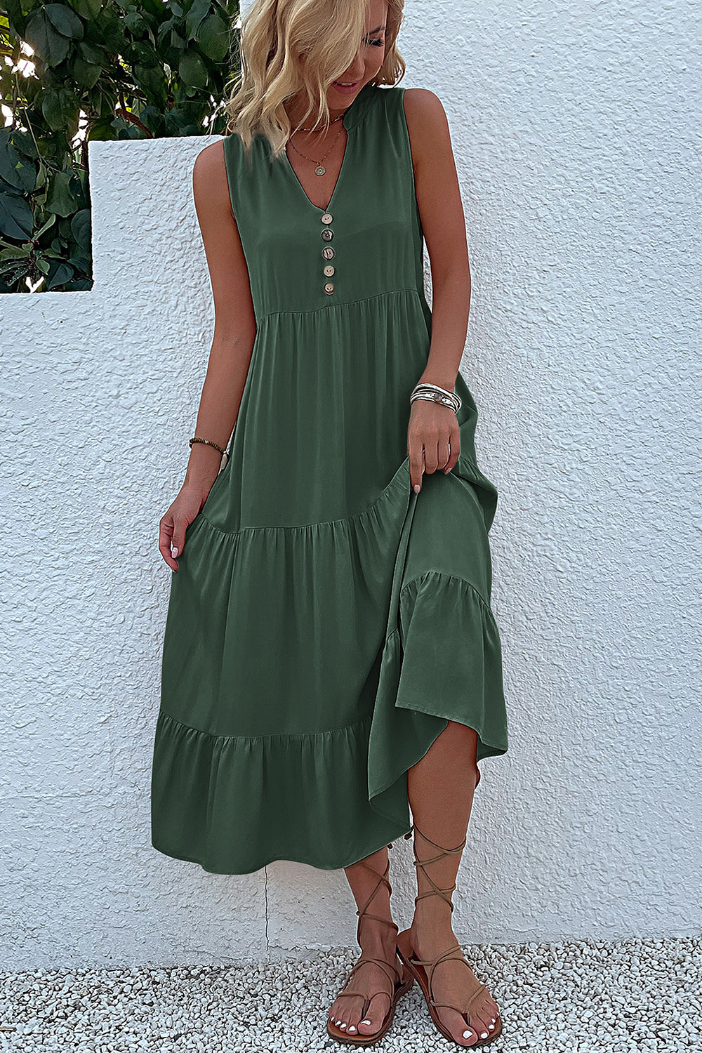Black A Line V-Neck Long Summer Dress with Buttons